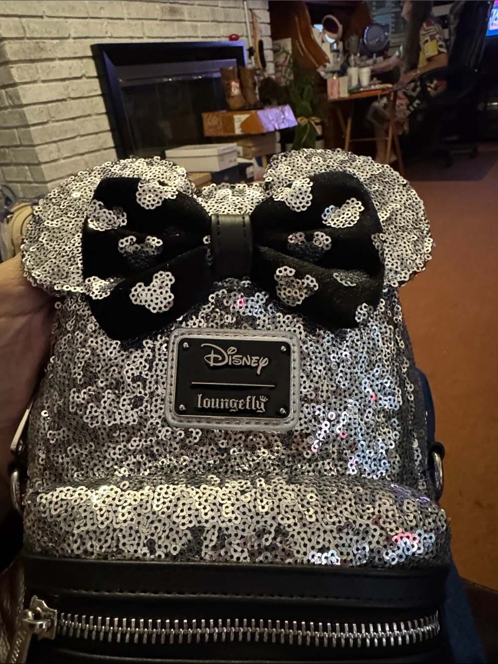 Loungefly Silver Sequin Minnie Ear Kids Mini Backpack with Black Bow